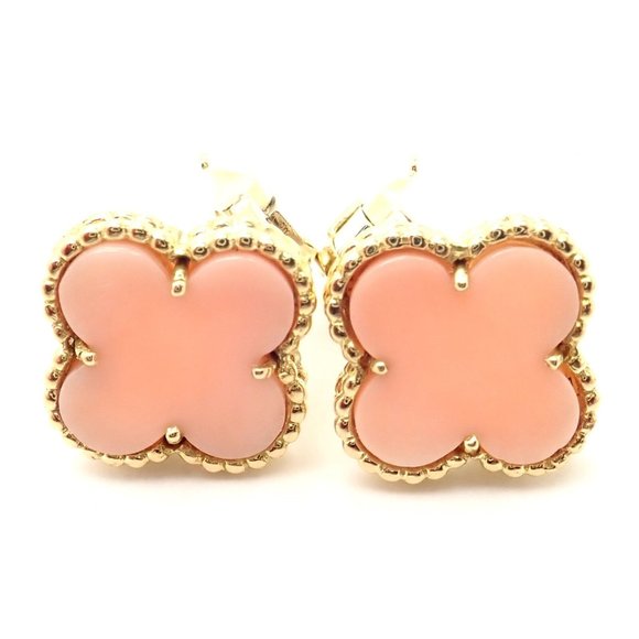 Van Cleef & Arpels Vintage Alhambra 18k Yellow Gold Angel Skin Coral Earrings - Picture 8 of 12